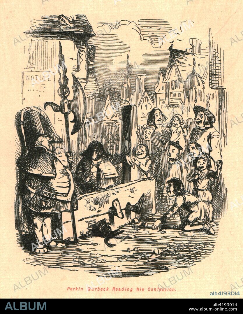 'Perkin Warbeck Reading his Confession', 1897. Pretender to the English throne Perkin Warbeck is ridiculed as he sits in the stocks. (Warbeck (c1474-1499), who claimed to be Richard of Shrewsbury, Duke of York, was imprisoned in the Tower or London eventually hanged). From "The Comic History of England" by Gilbert Abbott A Beckett, with satirical illustrations by John Leech. [Bradbury, Agnew & Co, London, 1897].