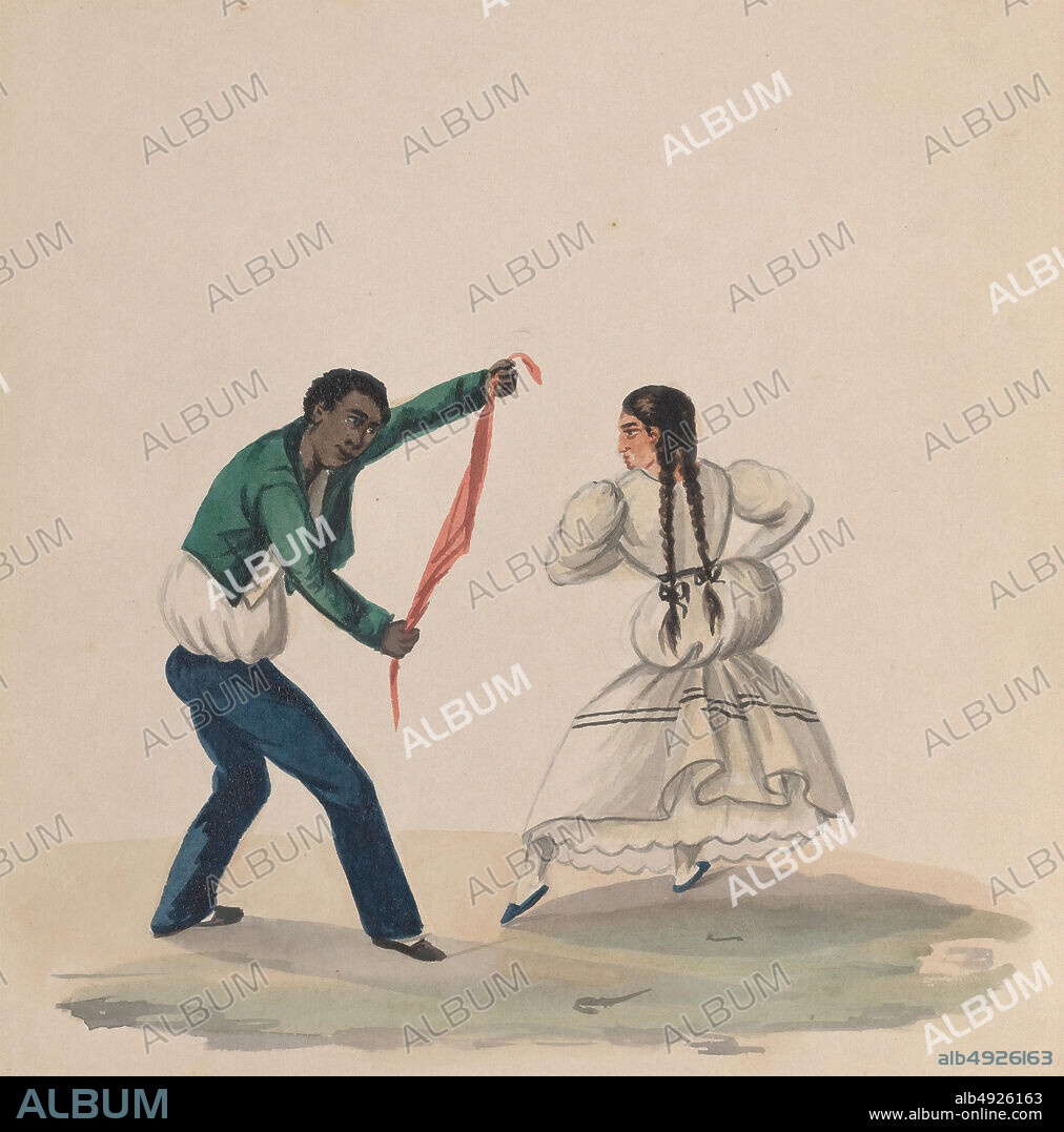 Attributed to Francisco (Pancho) Fierro, A Peruvian man and woman dancing the Zamacueca, from a group of drawings depicting Peruvian costume, Attributed to Francisco (Pancho) Fierro (African Peruvian, 18071879), ca. 1848, Watercolor, Sheet: 8 11/16 × 8 1/16 in. (22 × 20.5 cm), Drawings.