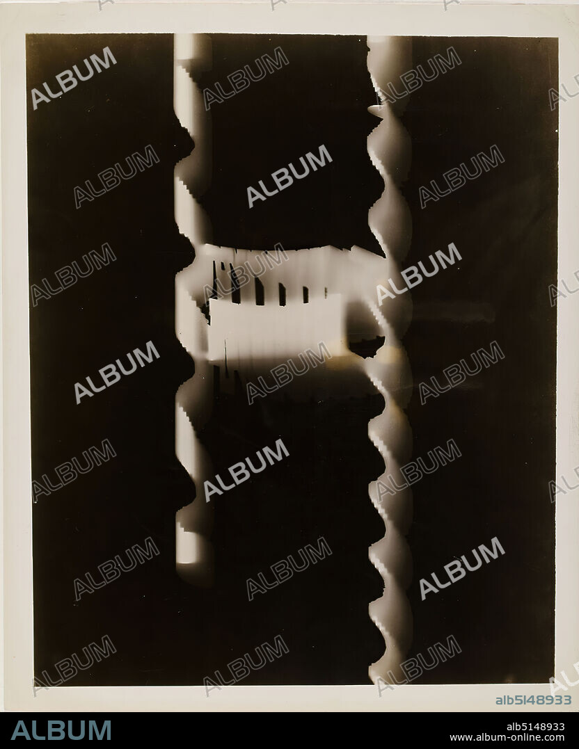 LÁSZLÓ MOHOLY-NAGY. László Moholy-Nagy, photogram, silver gelatin paper, black and white positive process, picture size: height: 23,3 cm; width: 18,7 cm, sticker: verso top left: in typescript: Photogram by L. Moholy-Nagy, Exhibition of, HOW TO MAKE A PHOTOGRAM, Sept. 16, 1942 - Oct. 18, 1942, The Museum of Modern Art, 11 West 53 St., New York, inscribed: verso and right: in lead: RU-5 41, Experimental photography, abstract, non-representational art.