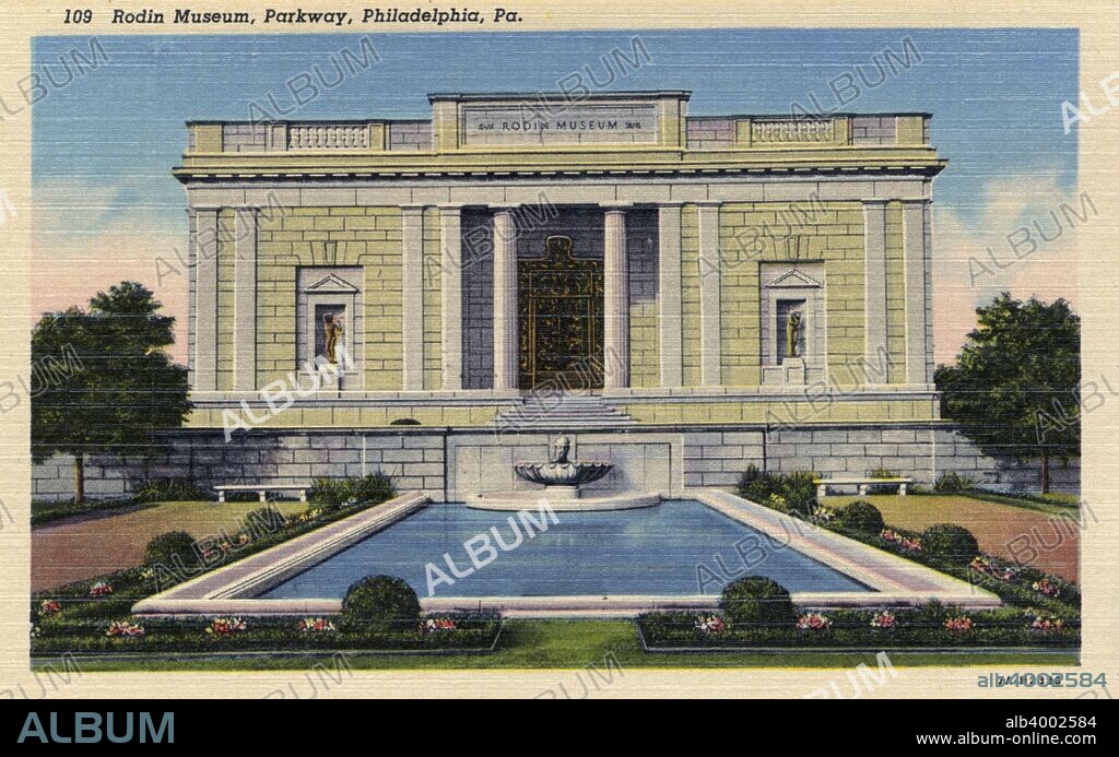 Rodin Museum, Benjamin Franklin Parkway, Philadelphia, Pennsylvania, USA, 1937. Vintage linen postcard showing the exterior of the museum. There is a pool surrounded by landscaping in front of the building. Opened in 1929, the Rodin Museum houses the largest collection of works by French sculptor Auguste Rodin outside Paris. The museum was a gift to the city of Philadelphia from cinema magnate Jules Mastbaum, who commissioned architects, Paul Philippe Cret and Jacques Greber to design the building and gardens.