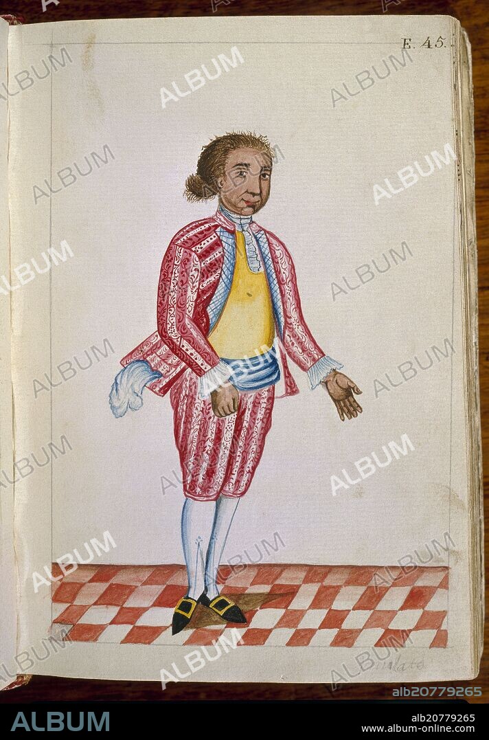 BALTASAR JAIME MARTÍNEZ COMPAÑÓN. CODICE TRUJILLO DEL PERU - TOMO II E 45 - MULATO - ACUARELA - SIGLO XVIII.