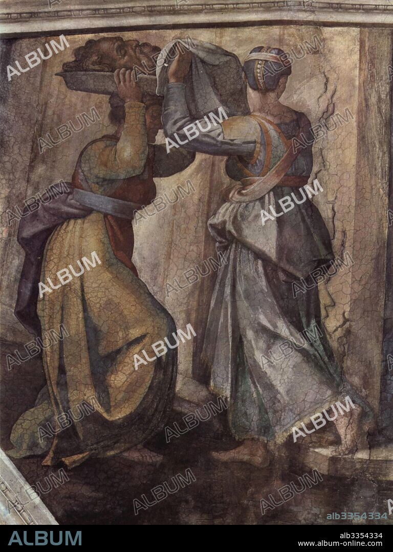 MIGUEL ANGEL. Detail of the fresco Judith and Holofernes on the wall in Sistine chapel.
