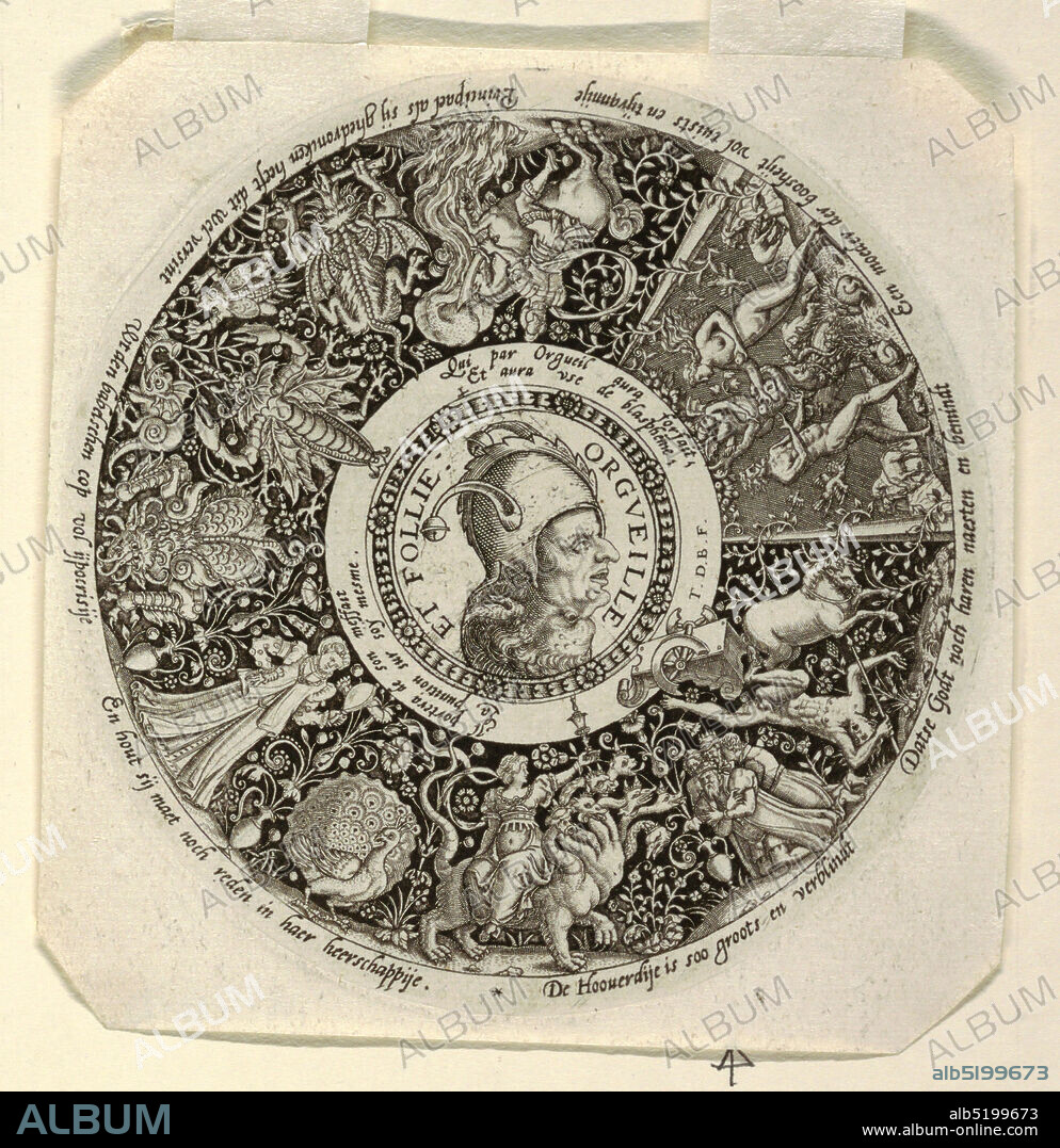 Design for an Engraved Tazza with the Head of a Jester and a Satyr, representing Pride and Folly, Theodor de Bry, Flemish, 1528 1598, Engraving on white laid paper, Double head of two men, one of whom wears a fool's cap, in the center, embodying Pride and Foolishness, which form the theme of the representations in the outer circle: the wife upon the dragon of the Revelations of St. John; Phaeton's death; the original sin; Marcus Curtius jumping into the abyss; a woman with a looking glass; a peacock; monsters. Inscriptions in Low German and French., Netherlands or Belgium, ca. 1588, ornament, Print, Print.