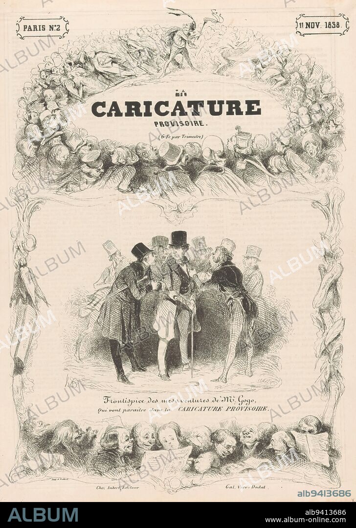 M. Gogo, Robert-Macaire and Bertrand, Mésaventures et desappointemens de M. Gogo (series title), The central scene consists of a group of men with M. Gogo in the foreground in the center, Robert-Macaire on the left and Bertrand on the right. The frame consists of numerous figures, at the top chased by a devil with a whip, at the bottom calmly reading., print maker: Honoré Daumier, (mentioned on object), print maker: Ferdinand Seré, printer: Aubert & Cie., (mentioned on object), Paris, 1838, paper, letterpress printing, height 368 mm × width 258 mm.