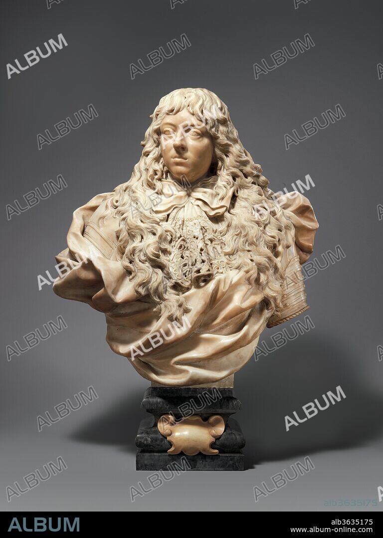 Ferdinando de' Medici (1663-1713), Grand Prince of Tuscany. Artist: Giovanni Battista Foggini (Italian, Florence 1652-1725 Florence). Culture: Italian, Florence. Dimensions: Overall (confirmed): 38 3/4 × 28 7/8 × 14 in., 337 lb. (98.4 × 73.3 × 35.6 cm, 152.9 kg). Date: ca. 1680-82.
These meltingly carved busts of father (1993.332.1) and son are surely the finest examples of the portrait style of G. B. Foggini, the leading sculptor of the Florentine Baroque. While strong echoes of Bernini date the creation of the pair to shortly after the younger artist's return from Rome, they already exhibit Foggini's talent for the depiction of material opulence that earned him the post of Medici court sculptor. Dynamic contrasts abound: the fragile lace cravats and lavish mantles (emulating modes of the contemporary French court) set off the realistically depicted faces. They in turn provide their own study in contrasts: the commanding pose and classic Habsburg physiognomy of the balding father serve as counterpoint to the sweet, somewhat unformed face of the youth, overwhelmed by a delirious cascade of curls. Foggini's artistic genius inaugurated the final flourish of Medici patronage. These busts, modeled from life, were followed by a series portraying other family members, all intended to promote the political aspirations of the fading dynasty. Their acquisition served to link our major series of Roman Baroque portrait busts to a growing collection of stunning small-scale Florentine sculptures of that period.