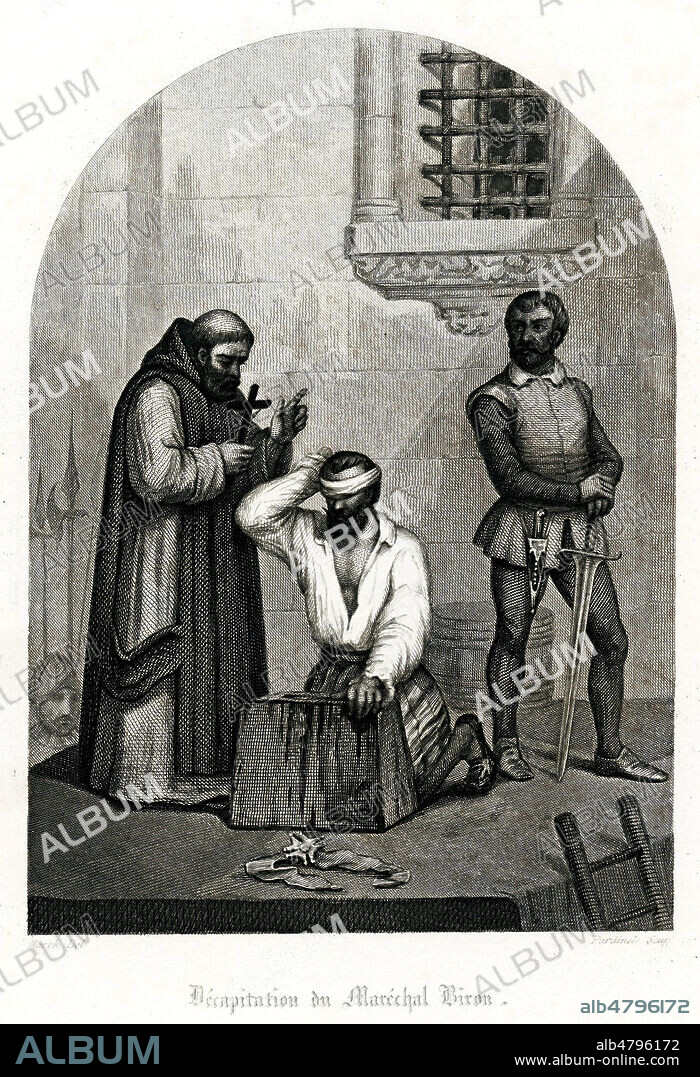 Decapitation du Marechal BIRON (1524-1592). Illustration de 1844 par MARKL pour Histoire de la Bastille par A. ARNOULD, ALBOIZE du PUJOL et Auguste MAQUET. Credit : Collection Jonas/Kharbine-Tapabor.