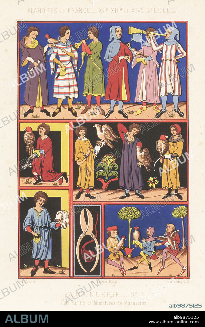 Falconry costumes in Flanders and France, 12th to 14th century. Falconers with birds of prey, hawks, falcons, leather gauntlets, hoods, bird claws, with musicians playing horns at top. From various manuscripts. Fauconnerie 1, facsimile de miniatures de manuscrits, Flandres et France, XIIe, XIIIe et XIVe siecles. Chromolithograph by Ferdinand Sere from Charles Louandres Les Arts Somptuaires, The Sumptuary Arts, Hangard-Mauge, Paris, 1858.