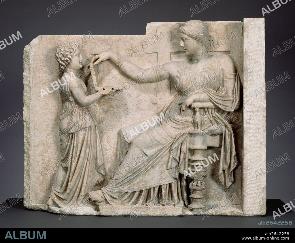 Grave Naiskos of an Enthroned Woman with an Attendant; Unknown; about 100 B.C.; Marble; Object: H: 94.6 x W: 120.7 x D: 21.6 cm (37 1/4 x 47 1/2 x 8 1/2 in.).