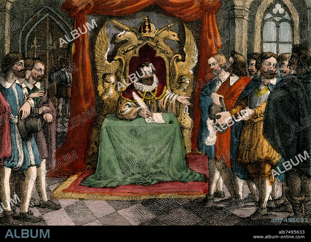 Rudolf II.; röm.-dt. Kaiser (1576-1612), König von Ungarn u. Böhmen; 1552-1612. "Rudolf II. unterschreibt den Majestätsbrief" (9. Juli 1609; den böhm. Ständen wird freie Religionsausübung zugesichert). Federlithographie, altkoloriert, unbez. Aus: L.Flathe, Gustav Adolf und der dreißigjährige Krieg, 1. Bd., Dresden (E.Pietzsch) 1841, S. 251. Berlin, Sammlung Archiv für Kunst und Geschichte.
