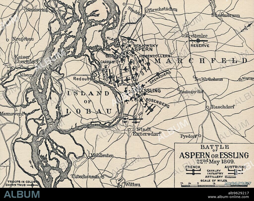 'Battle of Aspern or Essling, 22nd May 1809', (1896). Napoleon Bonaparte (1769-1821attempted a forced crossing of the Danube near Vienna, but the French and their allies were driven back by the Austrians under Archduke Charles. From Life of Napoleon Bonaparte, Volume III, by William Milligan Sloane. [The Century Co., New York, 1896].