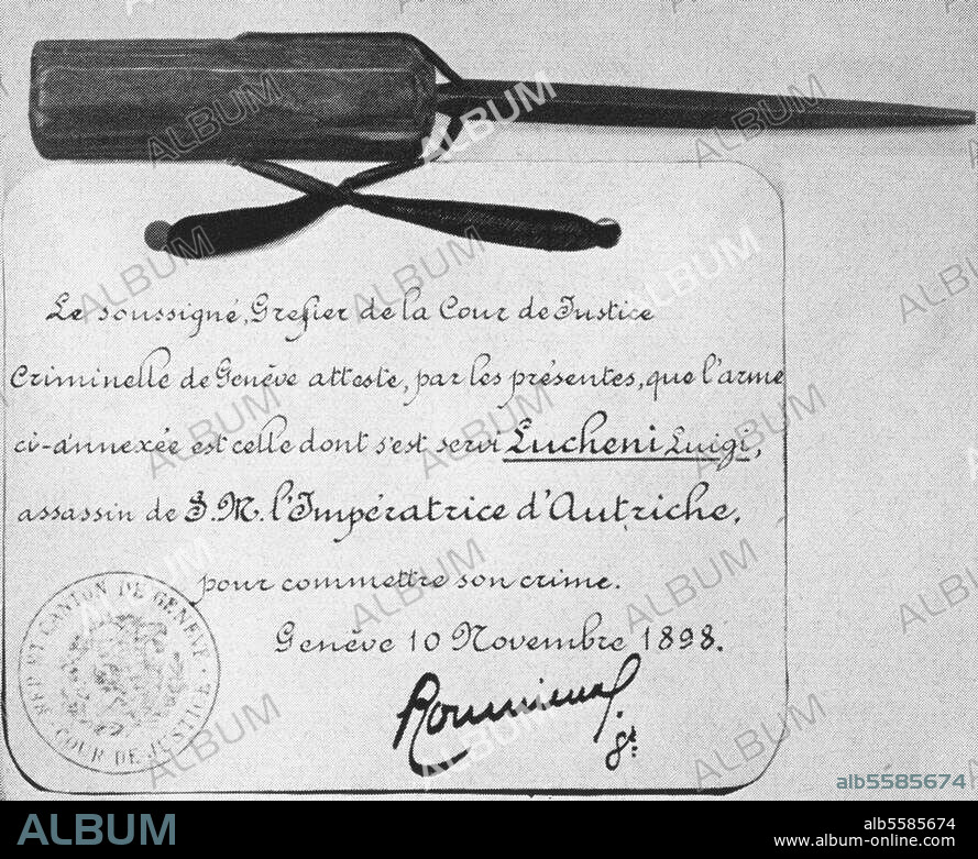zu: Elisabeth, Kaiserin (Franz Joseph). v. Österreich und Königin von Ungarn. 1837-1898. Tatwaffe, von dem Anarchisten Luigi Lucheni zur Ermordung der Kaiserin am 10.9.1898 verwendet. Dreikantfeile mit Holzgriff, Länge 16,7cm. Wien, Inst. für Gerichtl. Medizin.