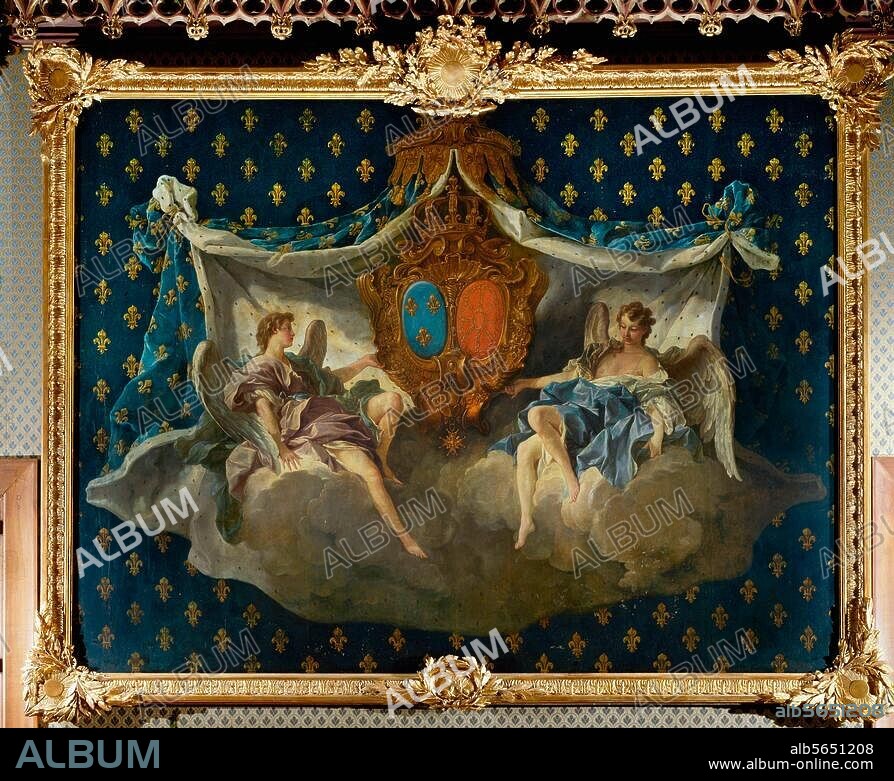 FRANCOIS BOUCHER. Boucher, François. 1703-1770. "Les armes de France et de Navarre". (Coat of arms of France and Navarre), 1740 (detail). Oil on canvas, 420 × 520 cm. (Cartoon for a tapestry of the Gobelins Manufactory of Beauvais). Rouen, Palais de Justice.