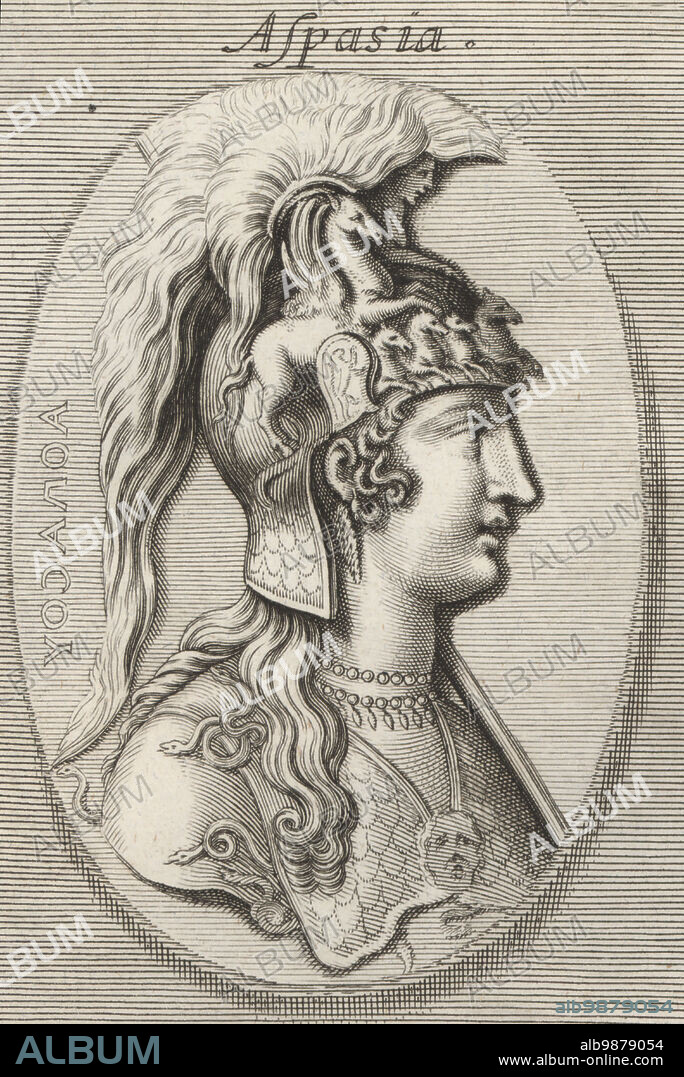 Aspasia, born in Miletus, she moved to Athens and became famous for her relationship with the statesman Pericles, 5th century BC. In helmet adorned with four horses, Pegasus supporting a triple crest. Copperplate engraving after an illustration by Joachim von Sandrart from his LAcademia Todesca, della Architectura, Scultura & Pittura, oder Teutsche Academie, der Edlen Bau- Bild- und Mahlerey-Kunste, German Academy of Architecture, Sculpture and Painting, Jacob von Sandrart, Nuremberg, 1675.