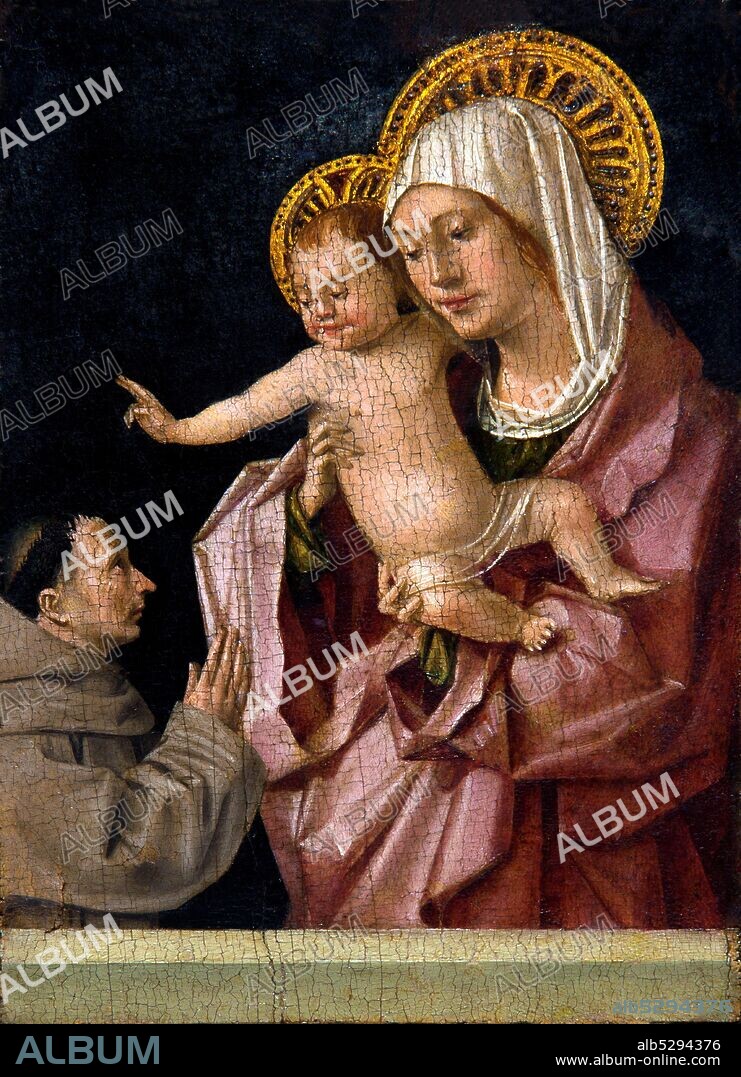 Antonello da Messina (Messina 1430 - Messina 1479). Madonna con il Bambino benedicente e un francescano in adorazione. 1463 greasy tempera on wood cm 15x107 .