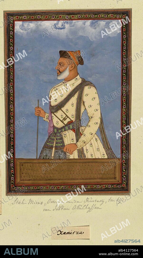 Portrait of Shah Mirza; at the time of Sultan Abul Hasan he served after Sayyid Muzaffar as cavalry commander (sar-khayl). Draughtsman: anonymous. Dating: c. 1686. Place: Golkonda. Measurements: h 203 mm × w 140 mm.
