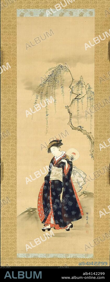 Beauty Beneath a Willow Tree. Isoda Koryusai; Japanese, 1735-1790. Date: 1775-1785. Dimensions: 100.2 × 32.6 cm (39 7/16 × 12 7/8 in.); overall with mount and knobs: 184 × 52.4 cm (72 7/16 × 20 5/8 in.). Hanging scroll; ink on silk. Origin: Japan.
