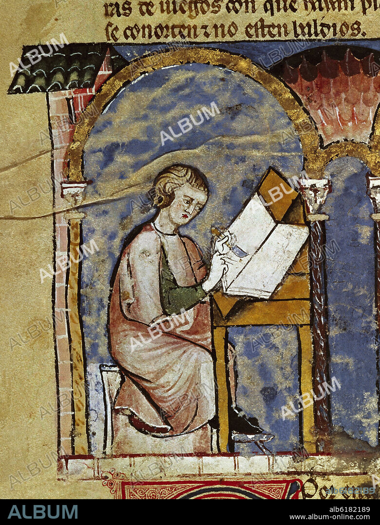 ALFONSO X DE CASTILLA EL SABIO. LIBRO DE JUEGOS O LIBRO DEL AJEDREZ DADOS Y TABLAS - 1283 - FOLIO 1V - DETALLE - ESCRIBA DEL ESCRITORIO REAL PREPARANDO EL PERGAMINO - Conj nº 90001.