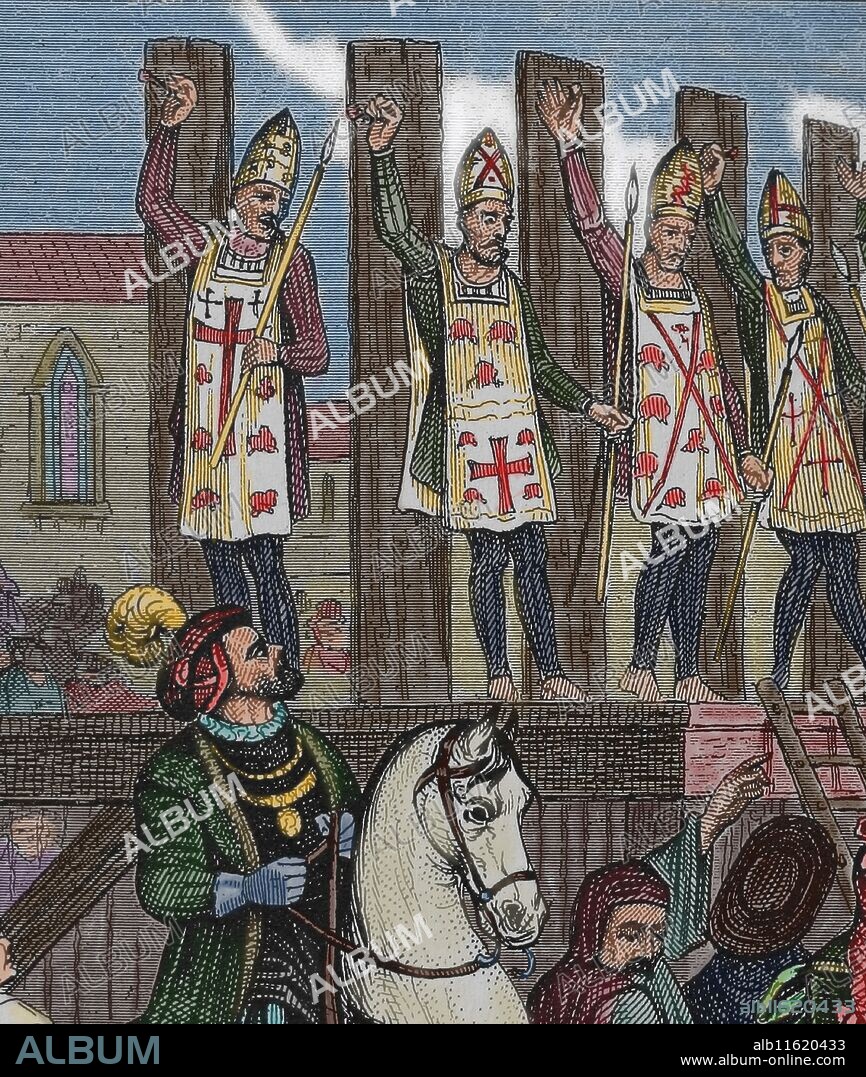 HENRY WINKLES and JOHAN GEORGE HECK. Spanish Inquisition. Auto de fe. Ritual of public penance of condemned heretics. The ecclesiastical authority reading the sentence.  Iconographic Enclyclopaedia of science, Literature and Art. 19th century. Later coloration.