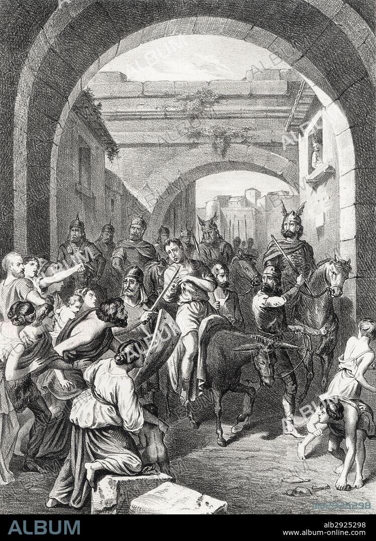 Historia. Castigo del duque Argimundo, noble hispano visigodo, por conspiración para derrocar y asesinar al rey Recaredo y al que cortaron la mano derecha y fue paseado a lomos de un burro. Grabado de 1871.
