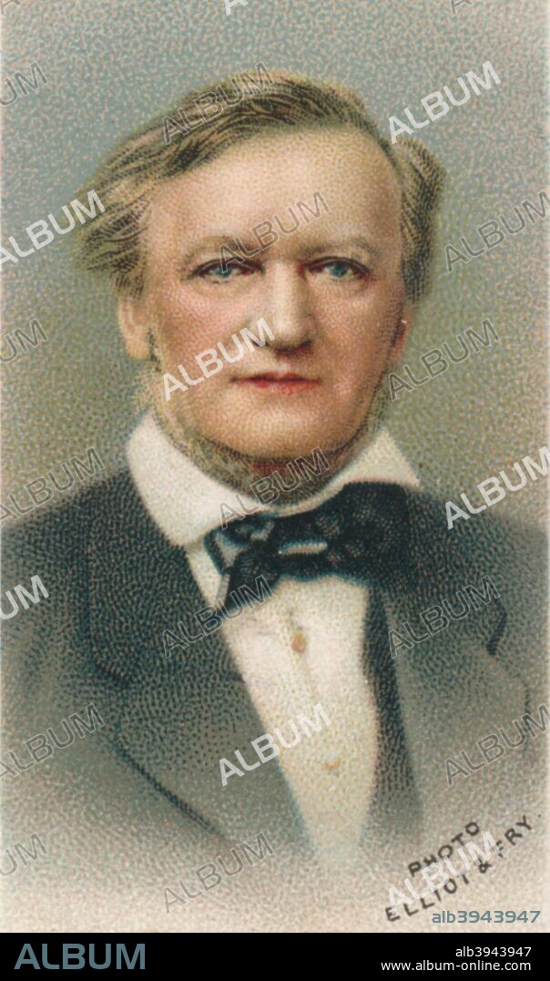 Wilhelm Richard Wagner (1813-1883), German composer. Wagner is best known for his cycle of four operas 'Der Ring des Nibelungen', first performed in 1876. From an original photograph by Elliott & Fry. Taken from Will's Cigarette card, Musical Celebrities series, 1911.