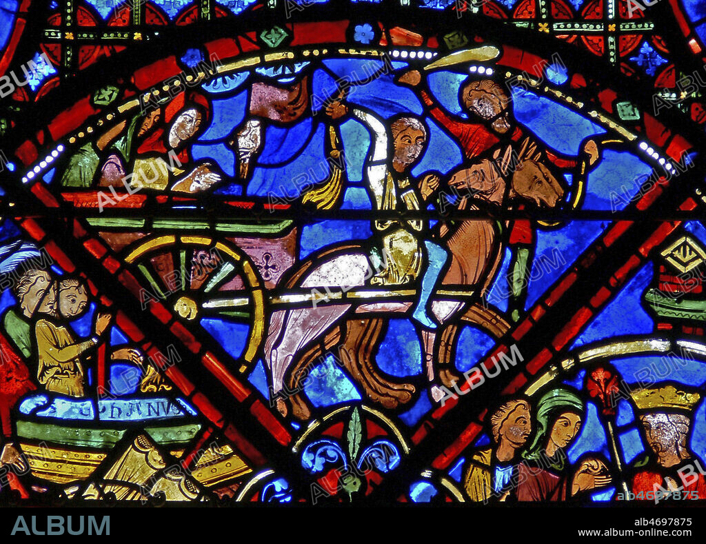 Les chevaux refusent d'avancer, indiquant l'endroit ou Saint Etienne doit etre enterre. Vitrail de la cathedrale de Bourges datant du 13e, XIIIe s. Photographie par Painton Cowen. Credit : Collection COWEN/KHARBINE-TAPABOR.