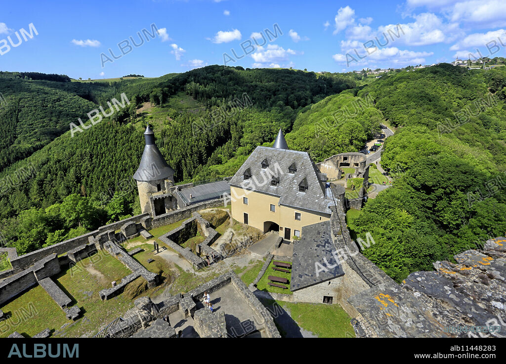 Bourscheid Castle in the Valley of Sauer River, Canton of Diekirch, Grand Duchy of Luxembourg, Europe.