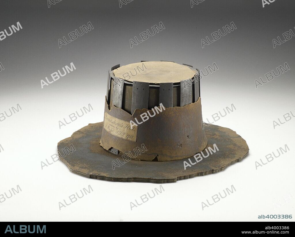 Bradshaw's hat, 17th century. Armour plated hat worn by John Bradshaw as he passed sentence on Charles I. Dimensions: diameter: 40 cm max.height: 17 cmheight: of crown 15 cm.