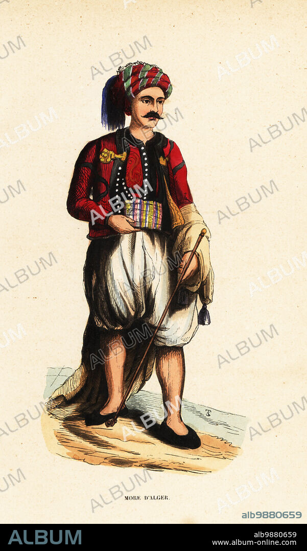 Moorish man in turban, jacket, culottes, holding a cane, Algiers, Algeria. The Moors were descendants of ancient Mauritania and Numidia. More dAlger. Handcoloured woodcut by T.S. from Auguste Wahlen's Moeurs, Usages et Costumes de tous les Peuples du Monde, (Manners, Customs and Costumes of all the People of the World) Librairie Historique-Artistique, Brussels, 1845. Wahlen was the pseudonym of Jean-Francois-Nicolas Loumyer (1801-1875), a writer and archivist with the Heraldic Department of Belgium.