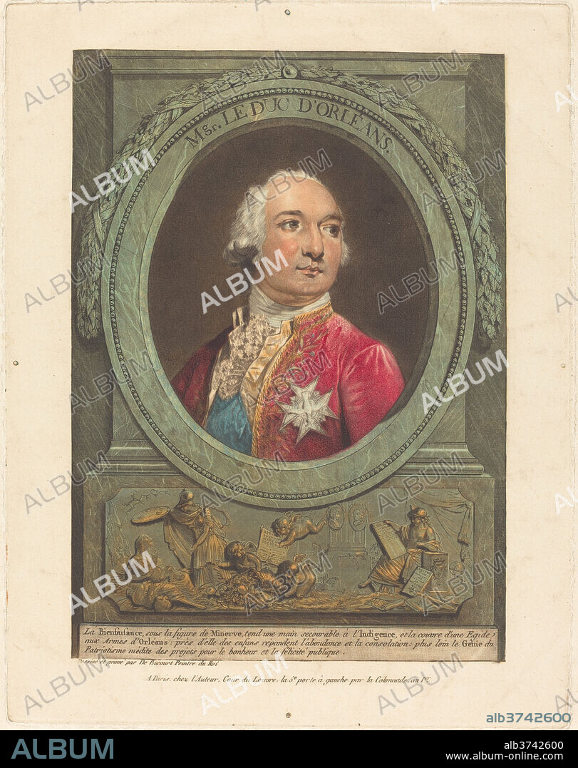 PHILIBERT-LOUIS DEBUCOURT. Mgr. Le duc d'Orléans. Dated: 1789. Dimensions: plate: 24.5 x 19 cm (9 5/8 x 7 1/2 in.). Medium: etching and wash manner, printed in red, yellow, blue, and black inks.