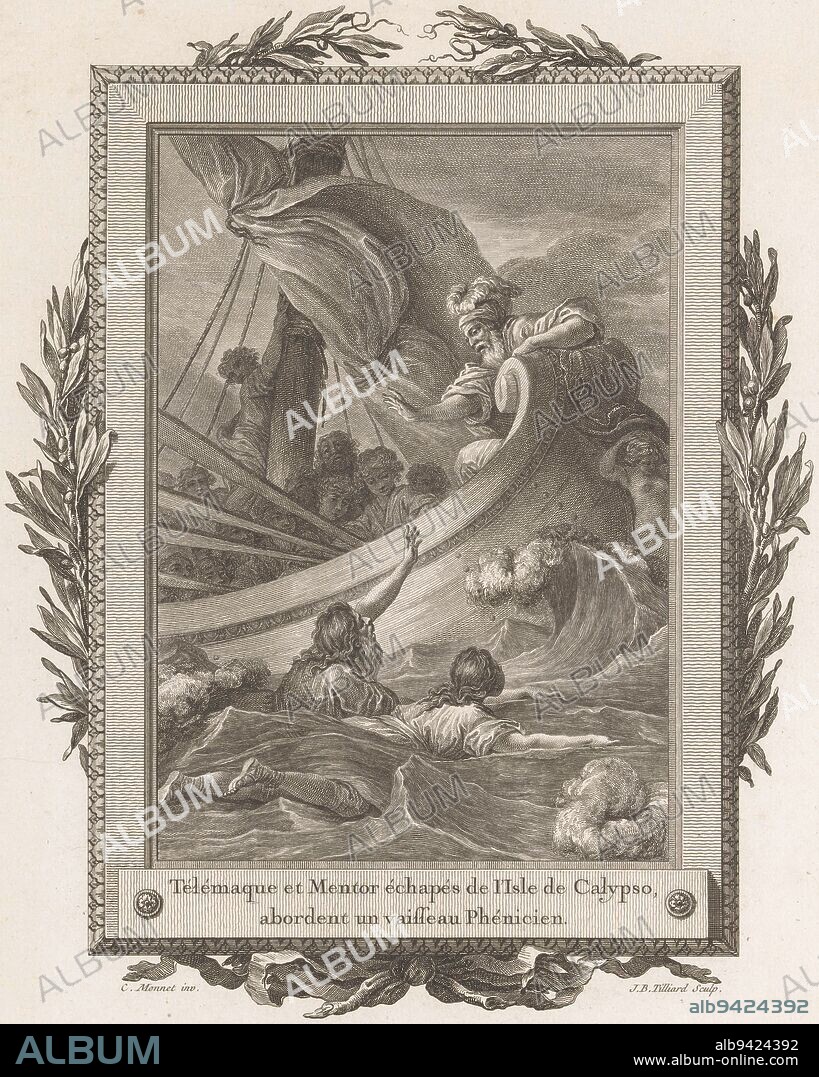 Telemachus and Mentor swim to a boat of Phoenicians, led by Adoam. The scene is framed by an ornamental frame with olive branches and a bow at the bottom. Numbered top right: No. I. Telemachus escapes from the island of Calypso, print maker: Jean-Baptiste Tilliard, (mentioned on object), intermediary draughtsman: Charles Monnet, (mentioned on object), publisher: Pierre Didot, print maker: France, intermediary draughtsman: France, publisher: Paris, publisher: Paris, publisher: Paris, publisher: Paris, publisher: Paris, 1785, paper, etching, engraving, h 318 mm × w 250 mm.