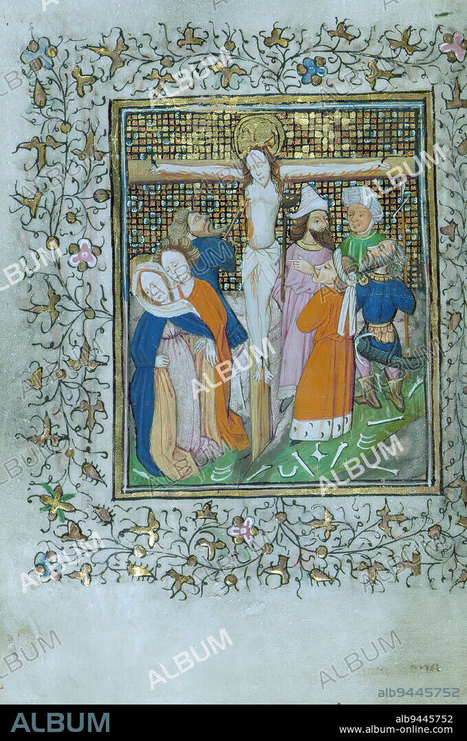 Book of Hours (Cistercian), Crucifixion with Longinus and Stephaton, This Book of Hours was created ca. 1440 in Hainaut for a female patron with Cistercian connections, which is suggested by long devotional sequences focused on the Passion of Christ and the Virgin, including indulgences, a litany with Cistercian affiliation, and various references to a female suppliant. Two devotional texts written by various scribes in Latin and French were added to the front and back of the book ca. 1450-1600.