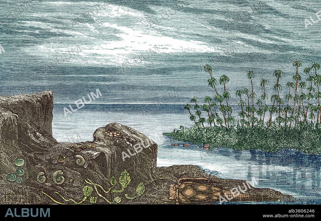Illustration of an ideal landscape of the Devonian Period, from Louis Figuier's The World Before the Deluge, 1867 American edition.  The Devonian is known for its armor-plated fishes, brachiopods, crinoids and ammonites.  The plants on land are Asterophyllites, similar to modern-day horsetails.