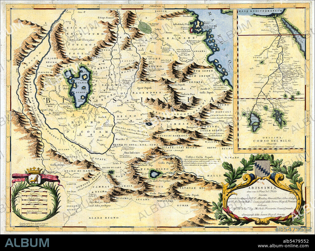 A Venetian cartographer, Coronelli (1650-1718)  cites his sources for this Nile map, including the Portuguese Jesuits Pedro Páez and Jerónimo Lobo, and contrasts his work with an inset showing the “original” (that is, outdated) course of the Nile as presented by past geographers, who followed the Ptolemaic tradition of two source lakes. Páez and Lobo had visited Ethiopia in the early 1600s, and both gave accounts of having seen the springs that natives believed to be the river’s source, though the Jesuits failed to distinguish between the two branches of the river. Coronelli’s Nile is the Blue Nile, and his geography is fairly accurate for that branch, identifying the significance of Lake Tsana and the clockwise unfolding of the river as it descends from there.