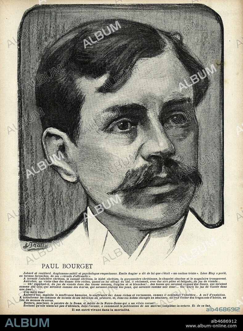 Portrait de Paul BOURGET (1852-1935). Illustration par L. BRAUN pour L'Assiette au Beurre du 31 mai 1902, numero intitule 'Tetes de turcs'. Credit : Collection KHARBINE-TAPABOR.