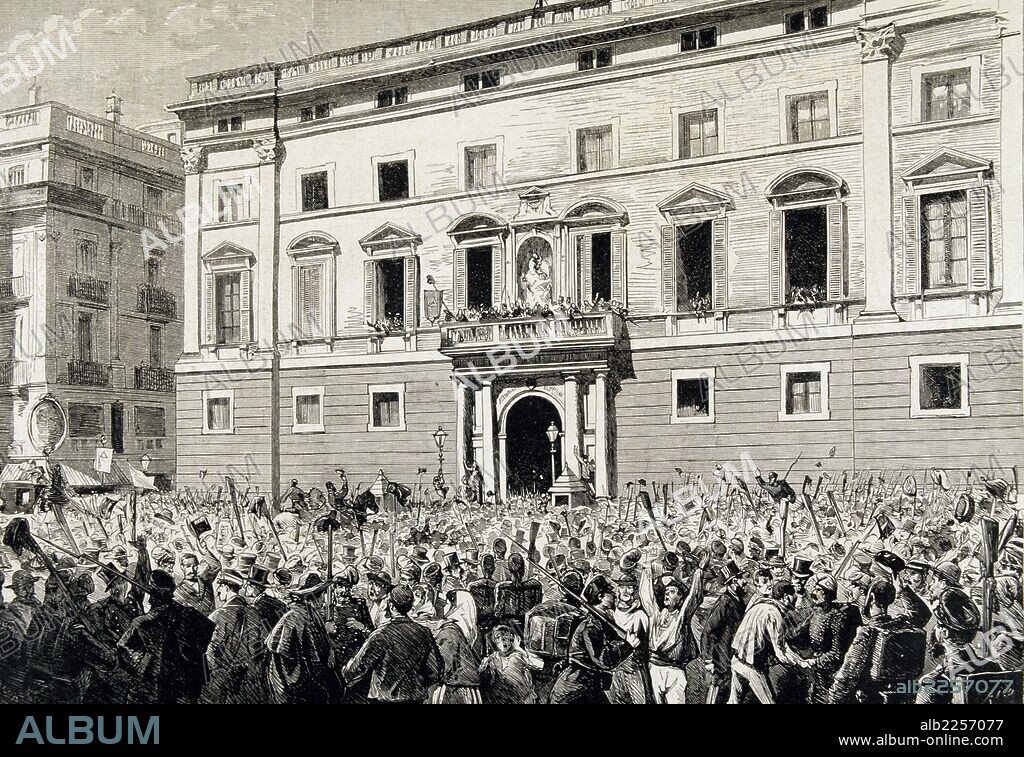 PRIMERA REPUBLICA 1873-1874. ESPAÑA. " PROCLAMACION DE LA REPUBLICA EN LA PLAZA DE SAN JAIME DE BARCELONA EL 21 DE FEBREO DE 1873 ".