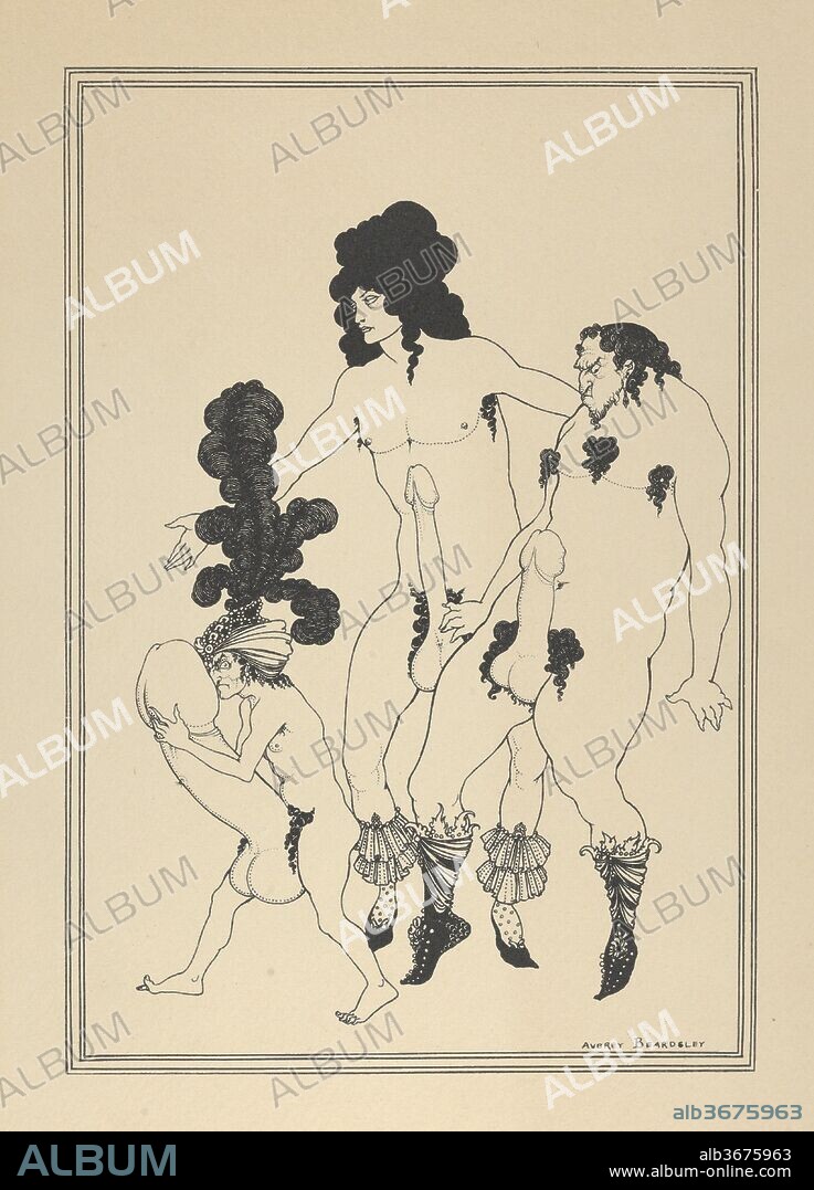 The Lacedemonian Ambassadors - "The Lysistrata of Aristophanes". Artist: Aubrey Vincent Beardsley (British, Brighton, Sussex 1872-1898 Menton). Dimensions: Image: 10 1/16 × 6 15/16 in. (25.5 × 17.7 cm)
Sheet: 13 7/8 in. × 10 in. (35.3 × 25.4 cm). Subject: Aristophanes (Greek, ca. 446-ca. 386 BC). Date: ca. 1926.
This print reproduces one of eight drawing Beardsleys made to illustrate the Greek comic play "Lysistrata" for a privately printed edition issued by Leonard Smithers in 1896, reprinted here around 1926 either in London or Paris.