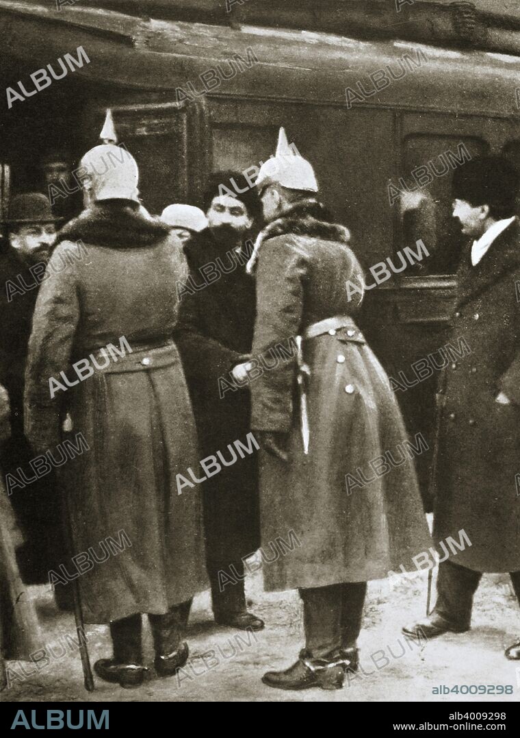Trotsky and Russian delegates welcomed by German officers, Brest-Litovsk, Russia, 1917. Leon Trotsky (1879-1940), Russian Communist leader and People's Commissar for Foreign Affairs arriving in December 1917 to negotiate the Treaty of Brest-Litovsk which took Russia out of the First World War. The treaty was signed on 3 March 1918.