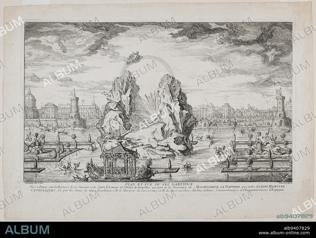 Fireworks Dislay in Paris for the Birth of the Dauphin on January 21, 1730, 1730, Jacques Dumont le Romain; Artist: after Giovanni Niccolo Servandoni, French, 1701 - 1781, 12 1/4 x 19 1/4 in. (31.12 x 48.9 cm) (plate)15 1/16 x 21 5/8 in. (38.26 x 54.93 cm) (sheet)23 3/4 x 29 3/4 x 1 1/8 in. (60.33 x 75.57 x 2.86 cm) (outer frame), Etching, France, 18th century, With French governance relying on dynastic succession, the birth of the Dauphin-the male heir to the throne-was cause for celebration. Louis XV's queen, Marie Leszczinska, had given birth to three daughters before having a son on September 4, 1729. In the months that followed, fêtes and fireworks were staged from Paris to Rome. This nautical spectacle was the work of the accomplished architect and stage designer Giovanni Servandoni, who created two fantastical mountains in the middle of the River Seine in Paris, across from the Palais du Louvre, from which to launch fireworks. The fashion for chinoiserie decoration in France is evident in the large pagoda-shaped boat filled with musicians that embarks from the banks of the river, and in the smaller dragon-shaped punts that circle the mountains.