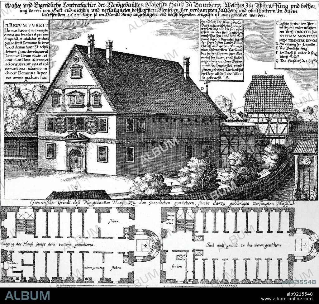 Copper engraving from the Drudenhaus, Malefizhaus, Trudenhaus, Hexenhaus, Hexengefängnis from 1627 in Bamberg built by Prince Bishop Johann Georg II Fuchs of Dornheim, Germany, historical image or illustration, published 1890, digitally improved, Copper engraving from the Drudenhaus, Witch prison from 1627 in Bamberg built by Prince Bishop Johann Georg II Fuchs of Dornheim, Germany, historical image or illustration, published 1890, digitally improved