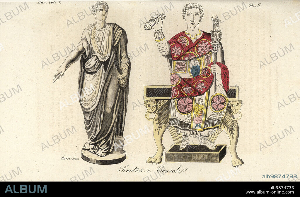 Roman senator in toga with scroll and small round box at his feet, and consul in colorful painted toga or toga picta seated on a chair. Senatore e Console. Handcoloured copperplate engraving by Corsi from Giulio Ferrarios Costumes Ancient and Modern of the Peoples of the World, Il Costume Antico e Moderno, Florence, 1843.