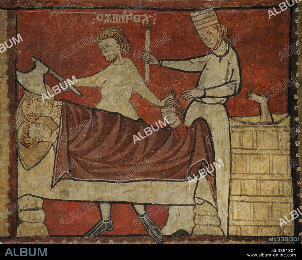 Segundo Maestro de Bierge. Escenas de la Vida de San Nicolás, finales del siglo XIII. Detalle con la representación de un posadero descuartizando a tres niños. Fresco traspasado a lienzo. Decoración mural del muro norte de la Iglesia Parroquial de San Fructuoso (Bierge, Huesca provincia). Museo Nacional de Arte de Cataluña. Barcelona. Cataluña. España. Second Master of Bierge. Scenes of the Life of Saint Nicholas, end of 13th century. Detail depicting an innkeeper dismembering three children. Fresco transferred to canvas. From the mural decoration of the north wall of parish church of Saint Fructuosus. Bierge (Huesca, Spain). National Art Museum of Catalonia. Barcelona. Catalonia. Spain.