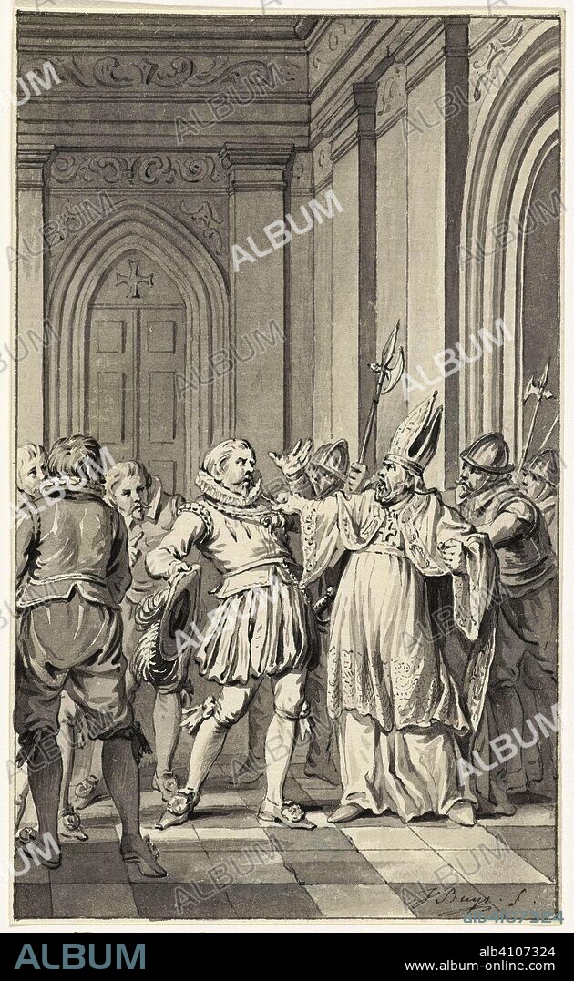 David van Bourgondi?, Bishop of Utrecht, deprives Reinoud II van Brederode of the adornments of the Order of the Golden Fleece, 1470. Draughtsman: Jacobus Buys (signed by artist). Dating: 1785 - 1787. Measurements: h 150 mm × w 90 mm.