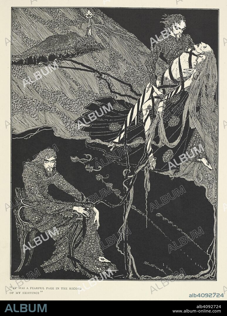"It was a fearful page in the record my existence."  "Berenice" is a short horror story by Edgar Allan Poe. The story follows a man named Egaeus who is preparing to marry his cousin Berenice. He has a tendency to fall into periods of intense focus during which he seems to separate himself from the outside world. Berenice begins to deteriorate from an unnamed disease until the only part of her remaining healthy is her teeth, which Egaeus begins to obsess over. Berenice is buried, and Egaeus continues to contemplate her teeth. One day Egaeus wakes up from a period of focus with an uneasy feeling, and the sound of screams in his ears. A servant startles him by telling him Berenice's grave has been disturbed, and she is still alive; but beside Egaeus is a box containing 32 blood-stained teeth and a poem about "visiting the grave of my beloved.". Tales of Mystery and Imagination ... Illustrated by Harry Clarke. London : G. G. Harrap ; New York : Brentano's, [1923]. Source: 12703.i.44 plate opposite page 24.