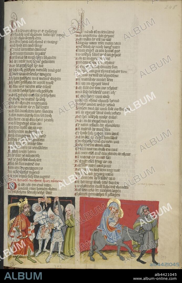 The Massacre of the Innocents, The Flight into Egypt, Unknown, Regensburg, Bavaria, Germany, about 1400 - 1410, Tempera colors, gold, silver paint, and ink on parchment, Leaf: 33.5 x 23.5 cm (13 3/16 x 9 1/4 in.).