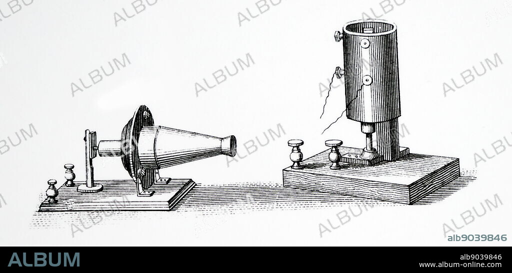 Alexander Graham Bell's (1847-1922) telephone, exhibited at the Philadelphia Centennial Exhibition of 1876. This was his second and successful instrument. Left: the transmitter. Right: the receiver. London, 1885.