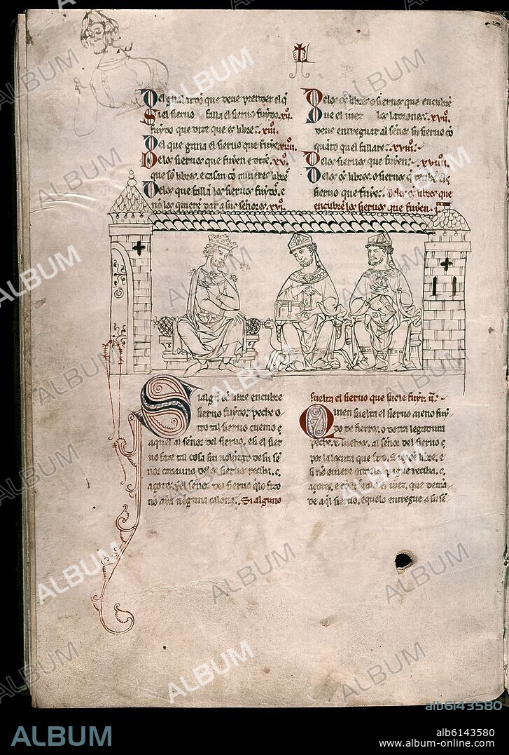 MINIATURA DE UN MANUSCRITO DEL FUERO JUZGO - S XIII -EL REY SISENANDO CON DOS PRELADOS.