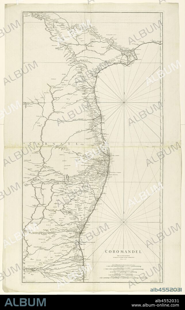 Map of Coromandel, Coromandel / par le Sr d'Anville (title on object), Map of the coast of Coromandel from mo Nega-Patnam to r.b. Narsapur, l.o. scale in French miles, nautical miles, regular Coss, large Coss and miles from Malabar. (Coss is an Indian length measure), maps of separate countries or regions, Coromandel coast, Jean Baptiste Bourguignon d'Anville (mentioned on object), Paris, Jan-1753, paper, engraving, h 960 mm × w 500 mm.