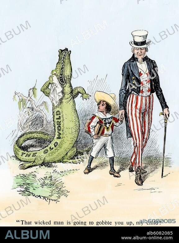 Uncle Sam leading Cuba away from the Old World, saying, "That wicked man is going to gobble you up, my child," 1901. Handcolored woodcut of a 1901 illustration.