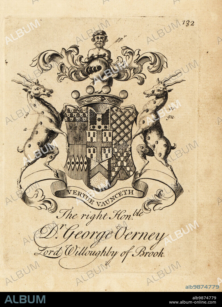 Coat of arms of the Right Honourable Dr. George Verney, Lord Willoughby of Brook, 12th Baron Willoughby de Broke, 20th Baron Latimer (1659-1728). Copperplate engraving by Andrew Johnston after C. Gardiner from Notitia Anglicana, Shewing the Achievements of all the English Nobility, Andrew Johnson, the Strand, London, 1724.