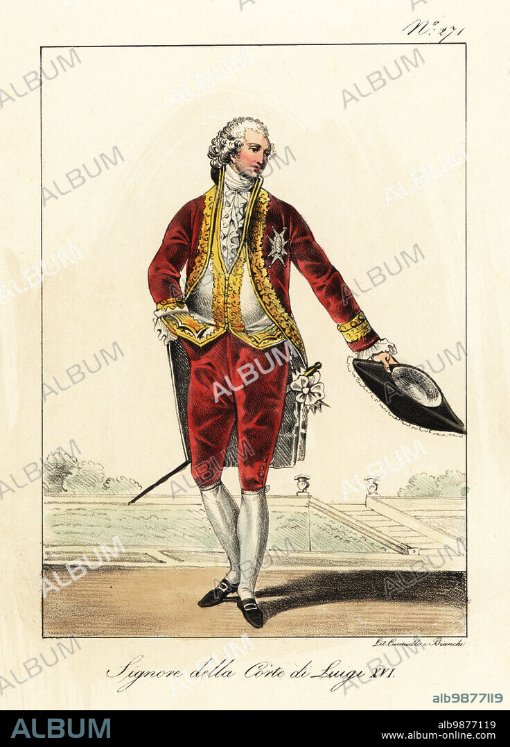 Costume of a nobleman at the court of King Louis XVI of France, late 18th century. In wig, velvet coat, waistcoat and breeches, gold embroidery, court sword, buckle shoes, bicorne hat. Seigneur de la Cour de Louis XVI. Handcoloured lithograph by Lorenzo Bianchi and Domenico Cuciniello after Hippolyte Lecomte from Costumi civili e militari della monarchia francese dal 1200 al 1820, Naples, 1825. Italian edition of Lecomtes Civilian and military costumes of the French monarchy from 1200 to 1820.
